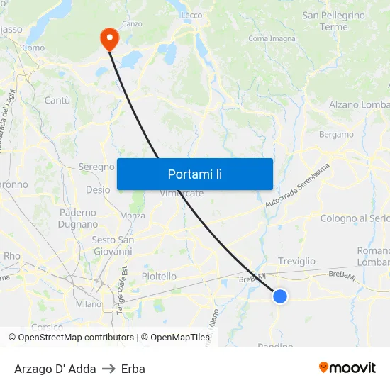 Arzago D' Adda to Erba map