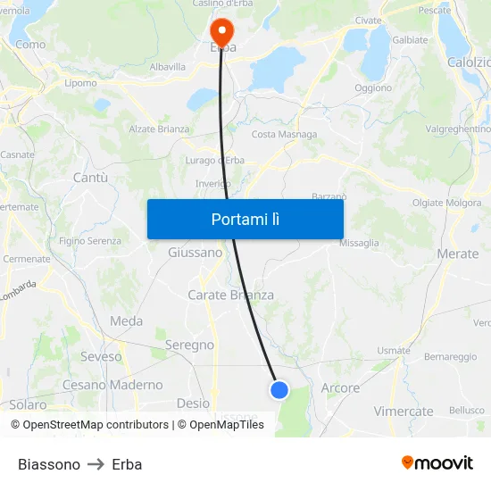 Biassono to Erba map