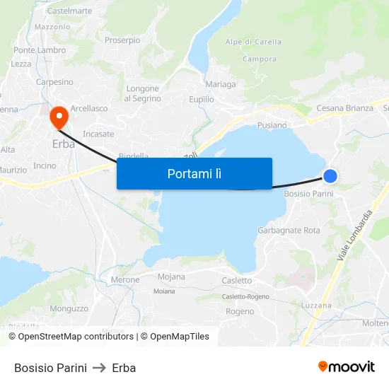 Bosisio Parini to Erba map