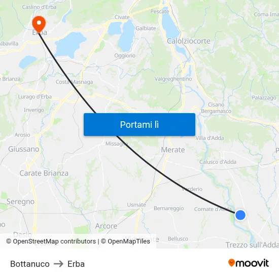 Bottanuco to Erba map