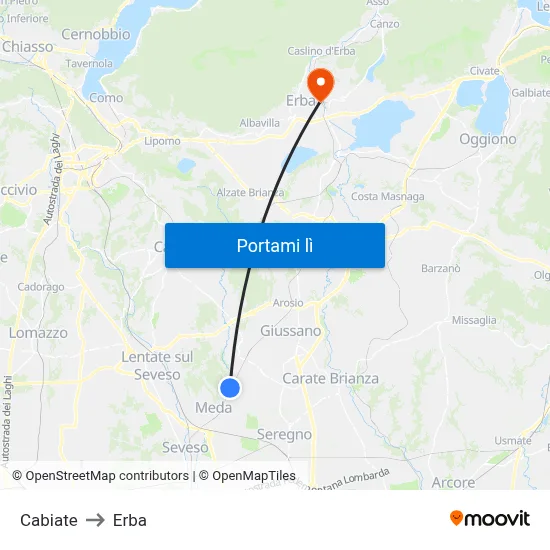 Cabiate to Erba map