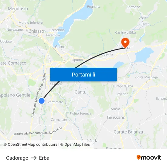 Cadorago to Erba map