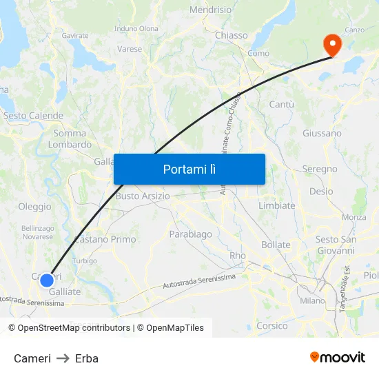 Cameri to Erba map