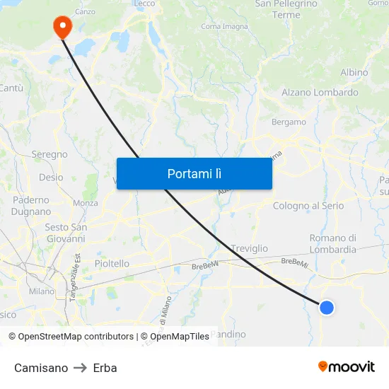 Camisano to Erba map