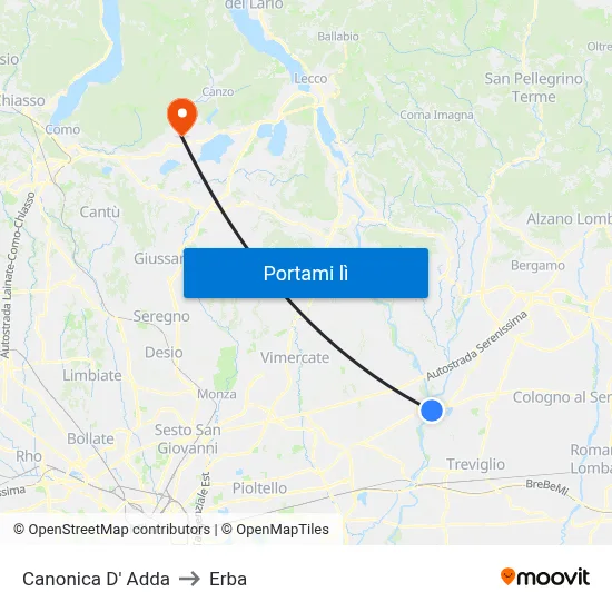 Canonica D' Adda to Erba map