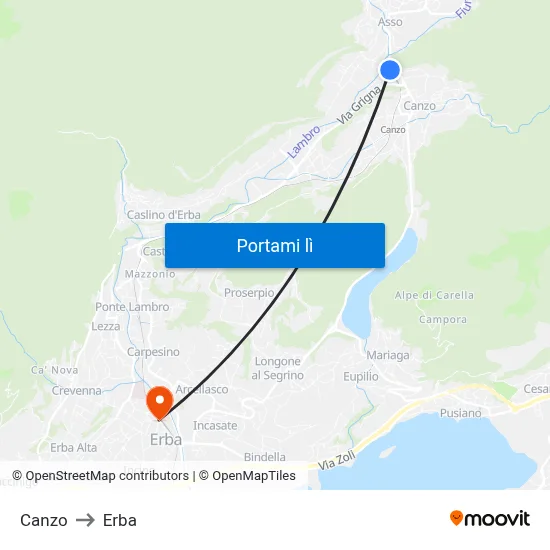 Canzo to Erba map