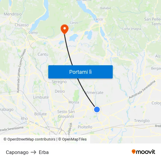 Caponago to Erba map