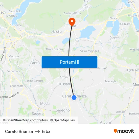 Carate Brianza to Erba map