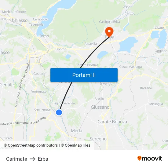 Carimate to Erba map