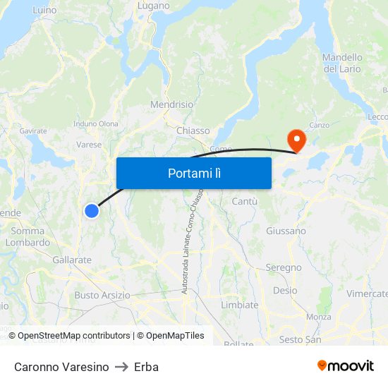 Caronno Varesino to Erba map