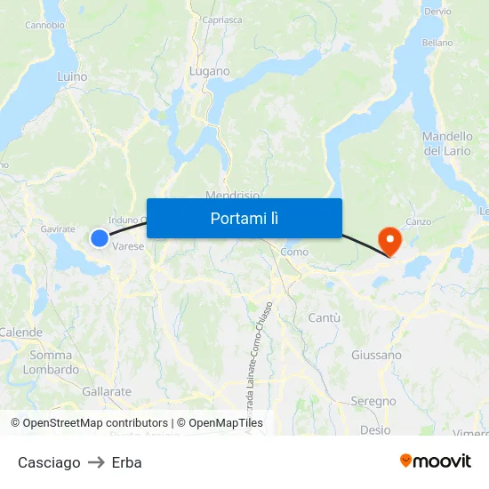 Casciago to Erba map