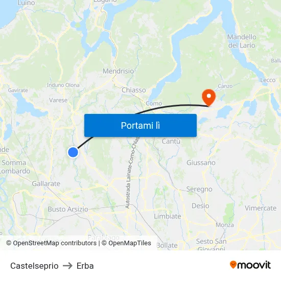 Castelseprio to Erba map