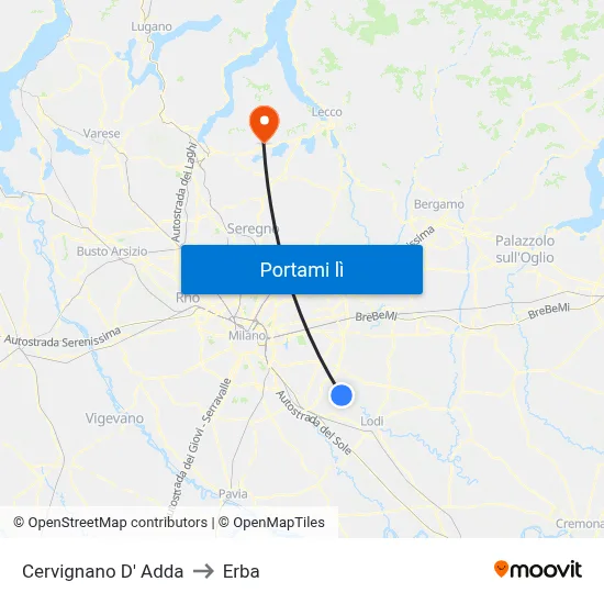 Cervignano D' Adda to Erba map