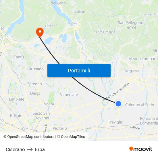 Ciserano to Erba map