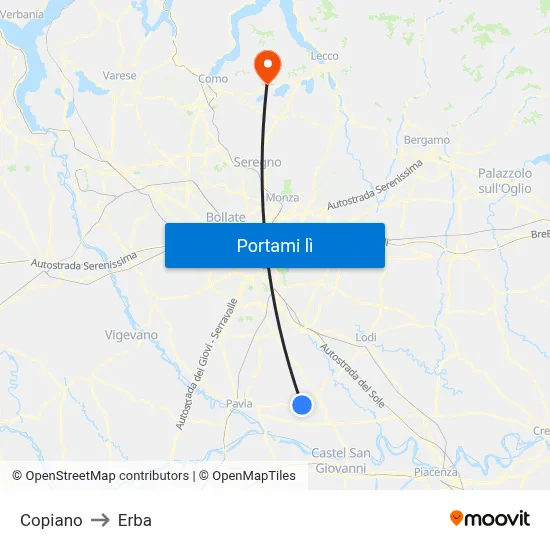 Copiano to Erba map