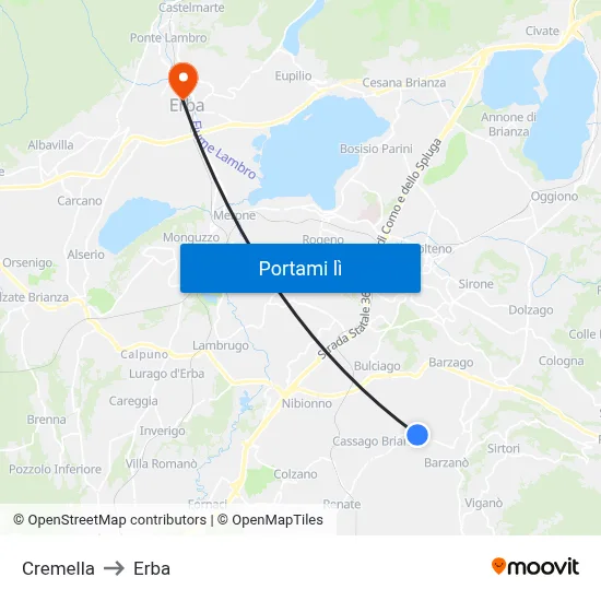 Cremella to Erba map