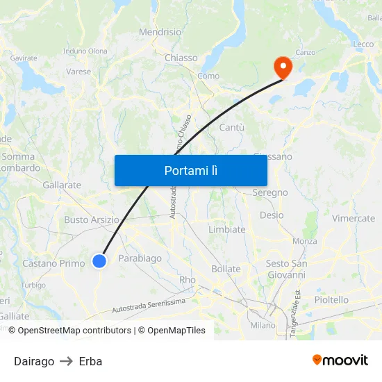 Dairago to Erba map