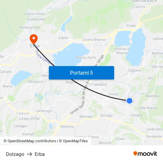 Dolzago to Erba map