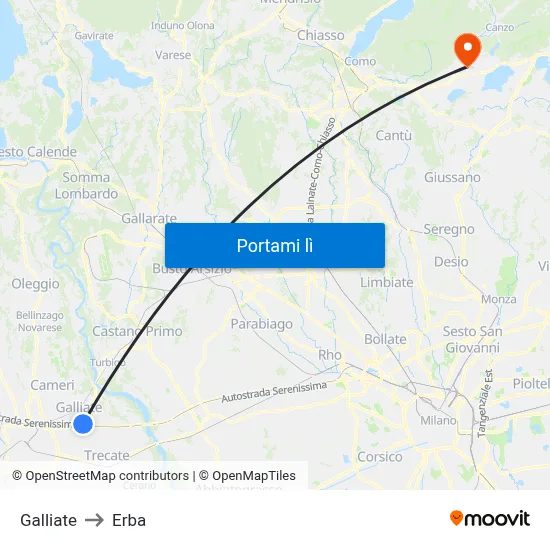 Galliate to Erba map