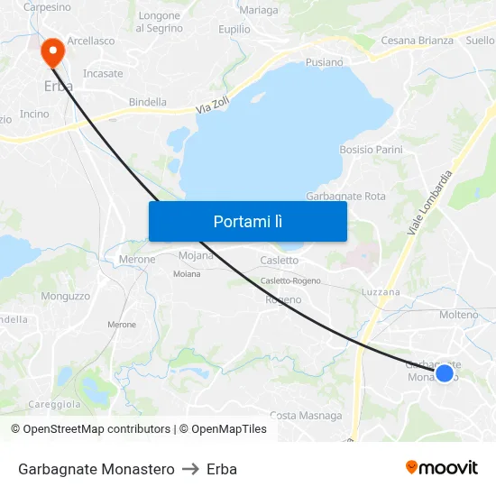 Garbagnate Monastero to Erba map