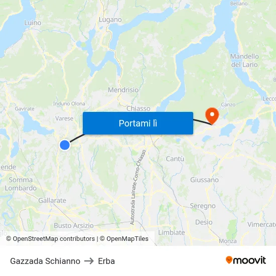 Gazzada Schianno to Erba map