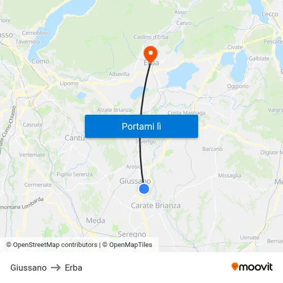 Giussano to Erba map