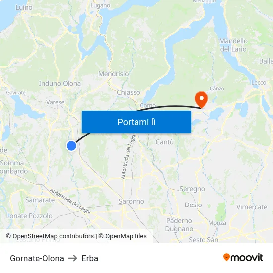 Gornate-Olona to Erba map