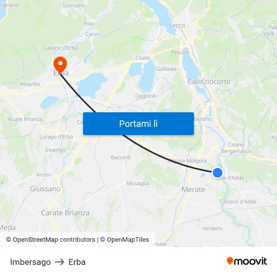 Imbersago to Erba map