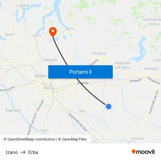 Izano to Erba map