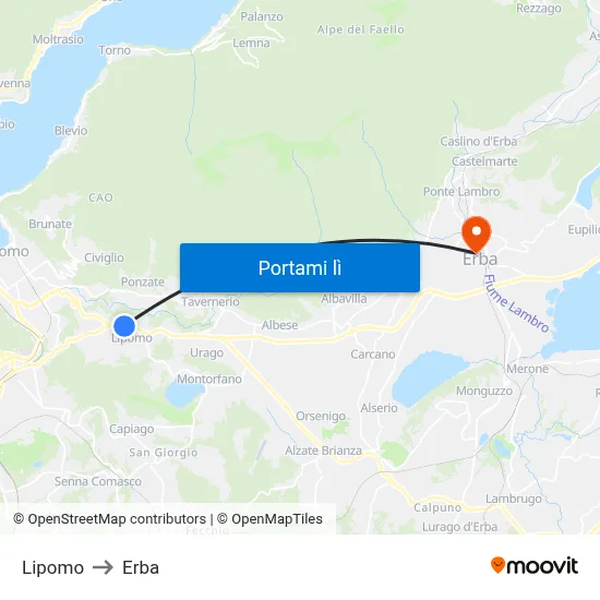 Lipomo to Erba map