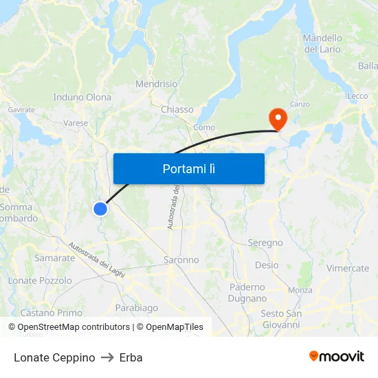 Lonate Ceppino to Erba map