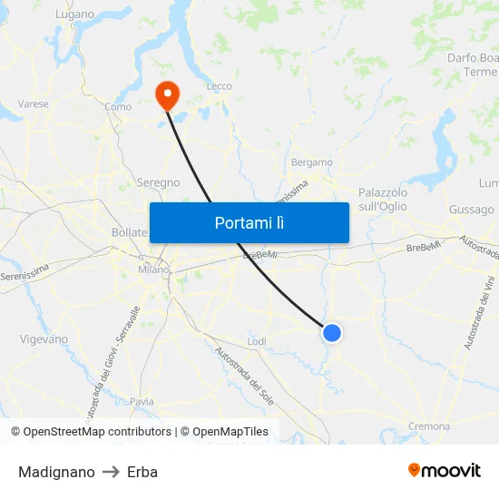 Madignano to Erba map