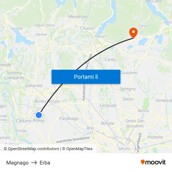 Magnago to Erba map