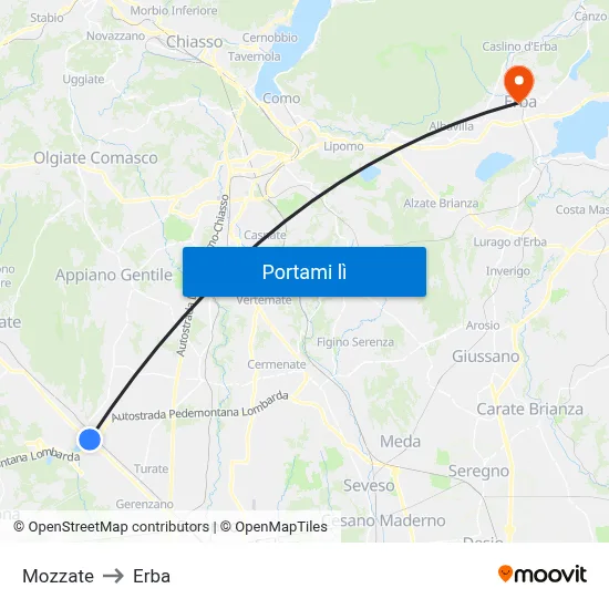 Mozzate to Erba map