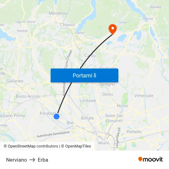 Nerviano to Erba map