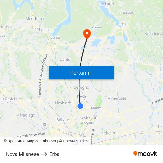 Nova Milanese to Erba map