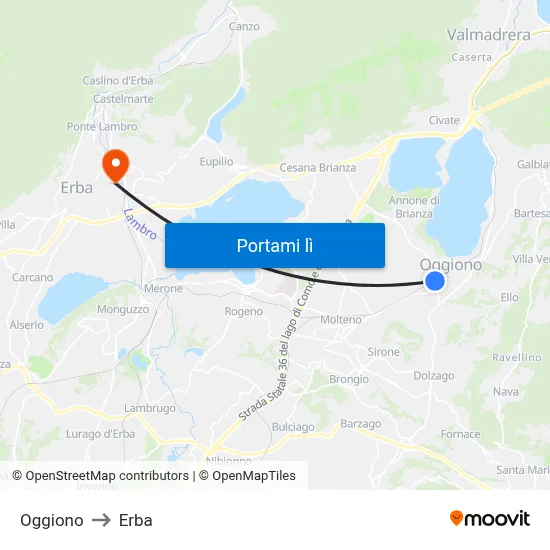 Oggiono to Erba map