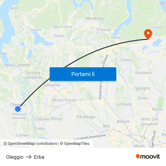 Oleggio to Erba map