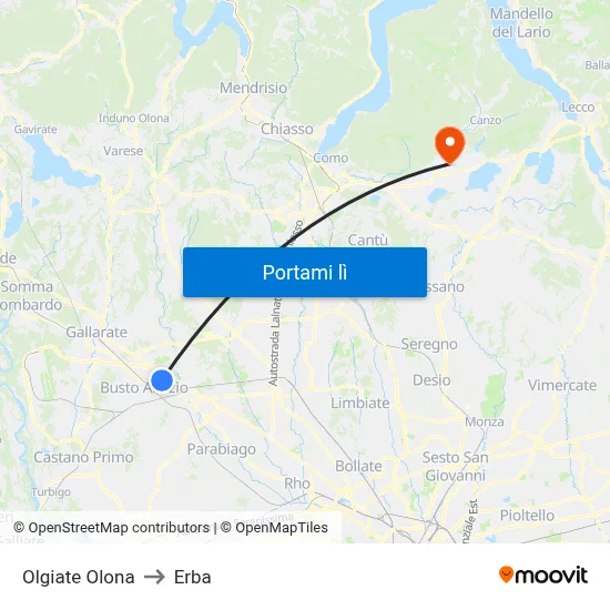 Olgiate Olona to Erba map