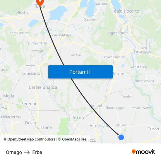 Ornago to Erba map