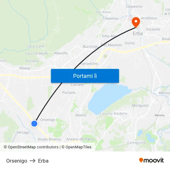 Orsenigo to Erba map
