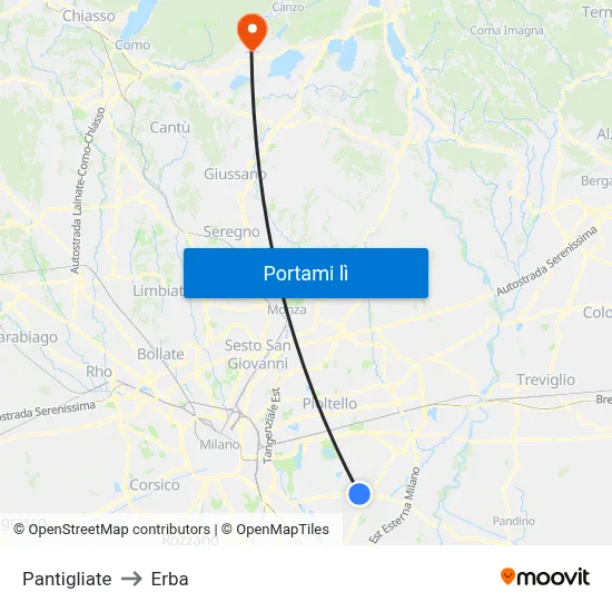 Pantigliate to Erba map