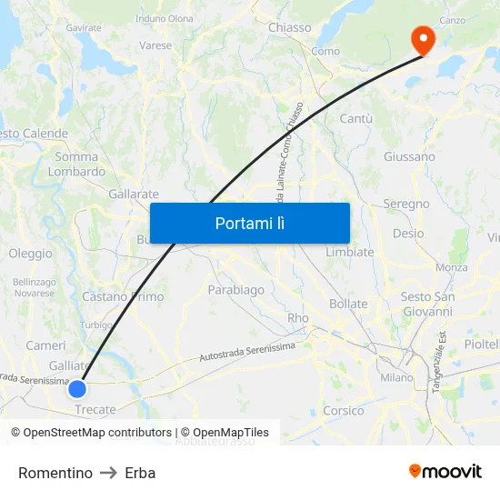 Romentino to Erba map