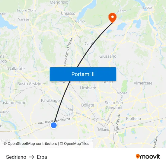 Sedriano to Erba map