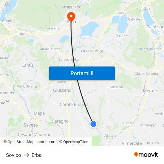 Sovico to Erba map