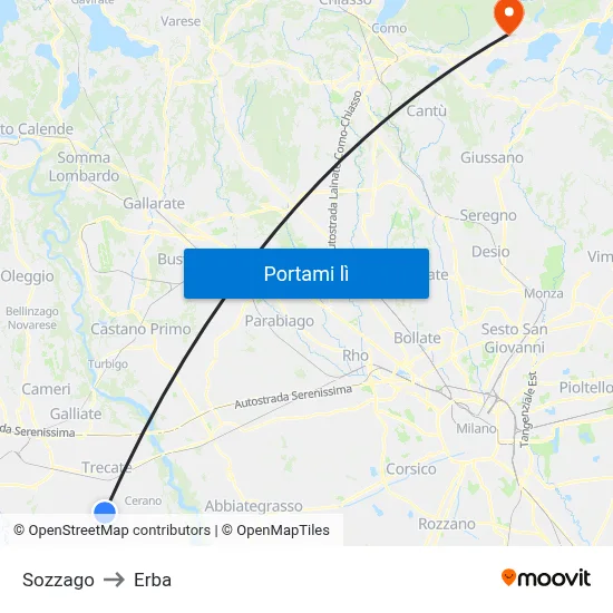 Sozzago to Erba map