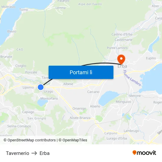 Tavernerio to Erba map