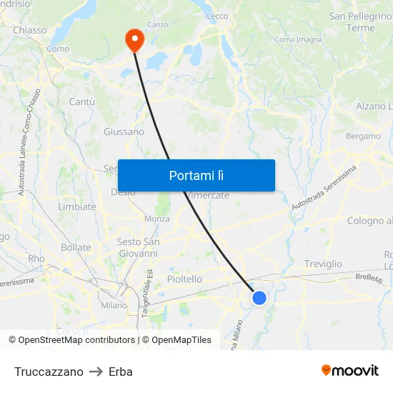 Truccazzano to Erba map