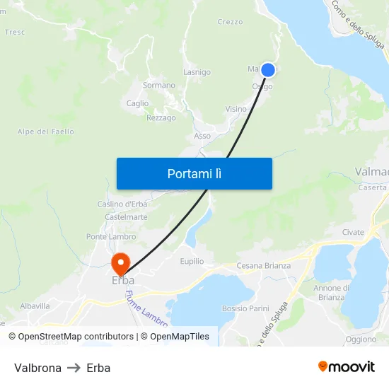 Valbrona to Erba map