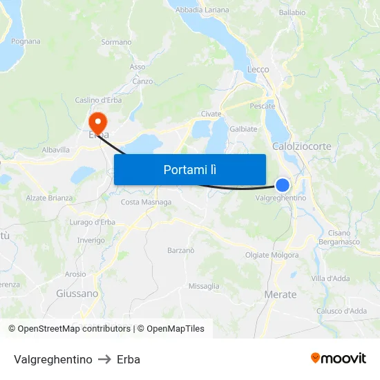 Valgreghentino to Erba map